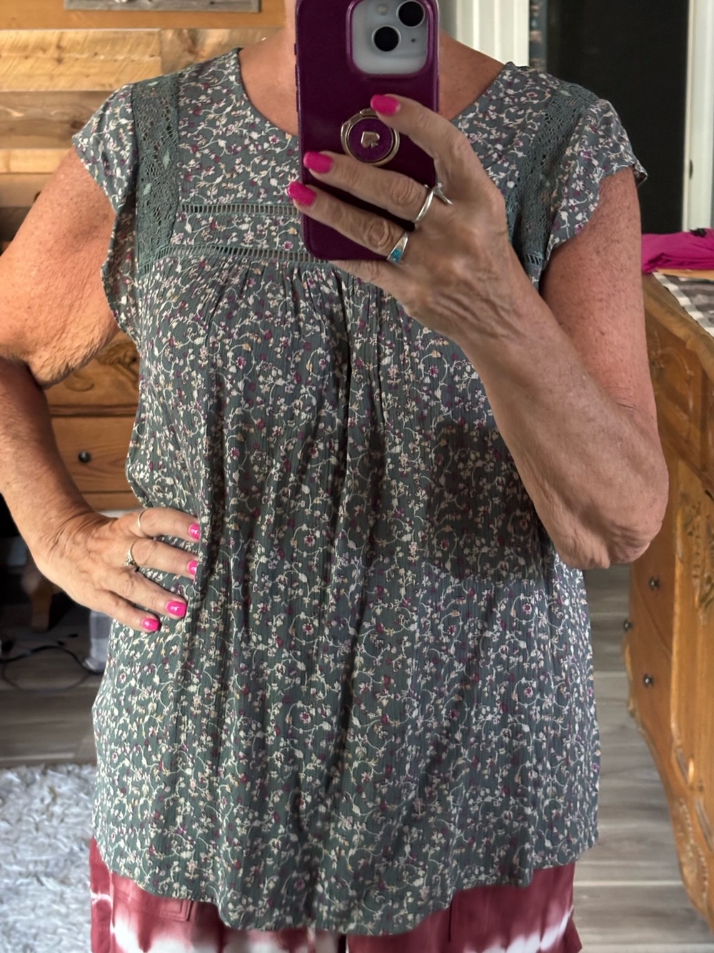 Mystree Olive Green Floral Cap-Sleeve Top